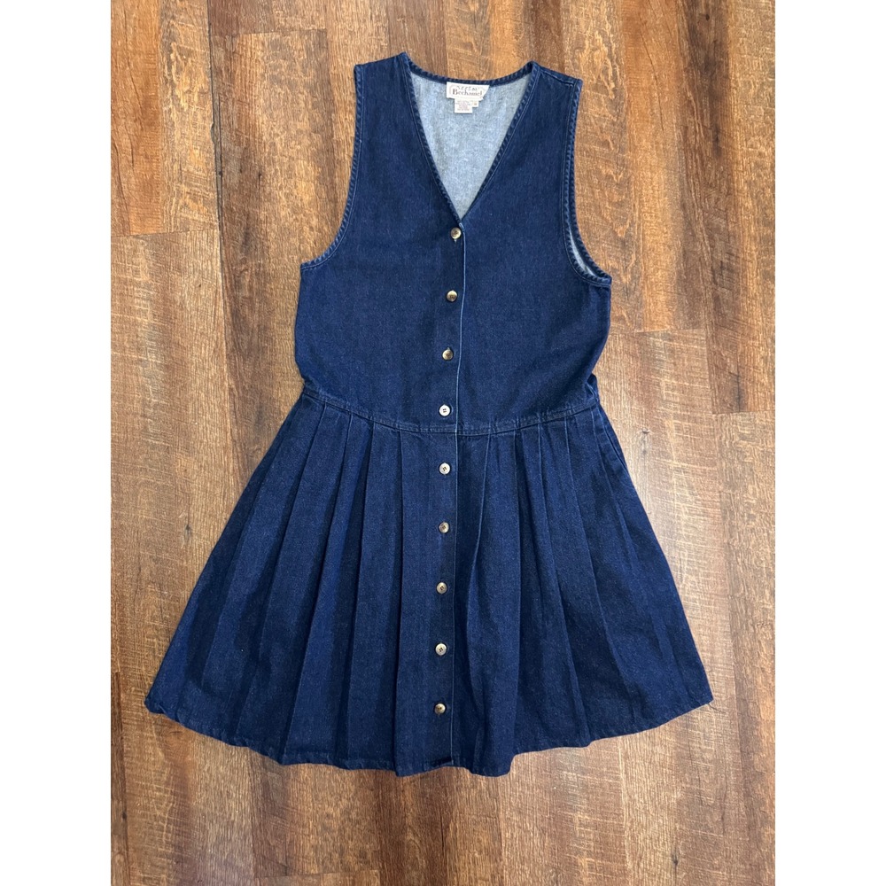 Vintage 80s 90s Bechamel Denim Dress Size 10 Pleated Button Front Cotton